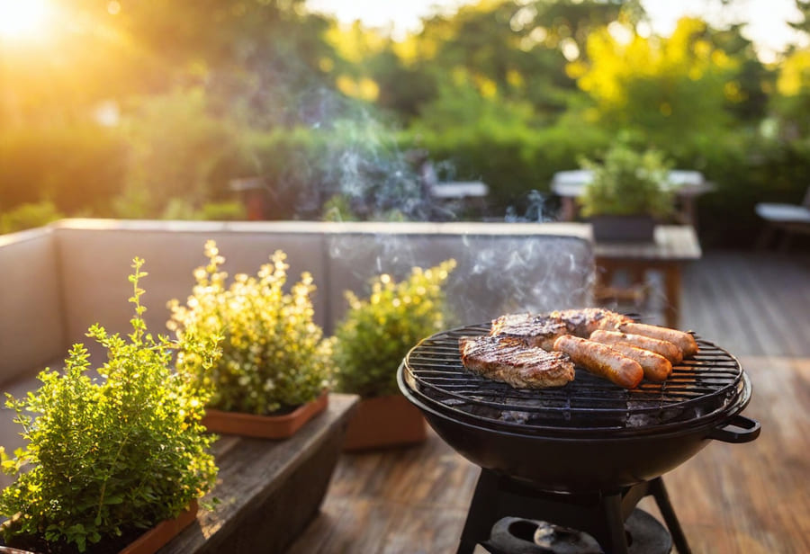 Holzkohlegrill auf dem Balkon