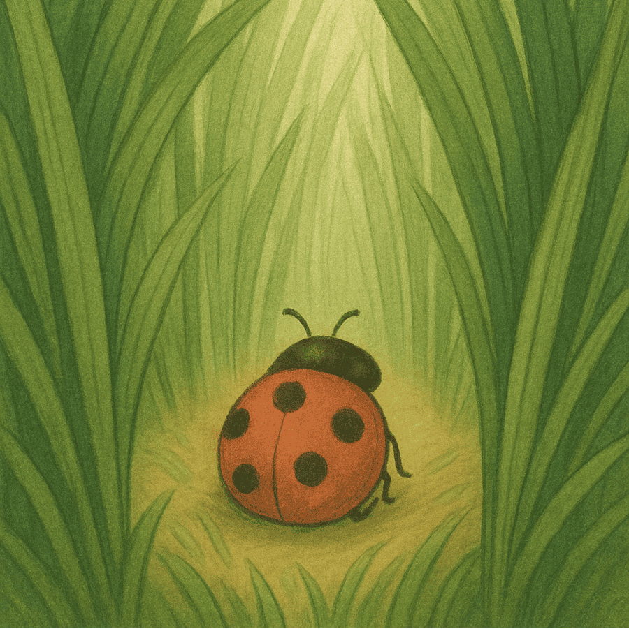 Ein Marienkäfer sitzt geschützt inmitten hoher Grashalme auf einem Balkon – natürlicher Rückzugsort und Winterquartier für Insekten.