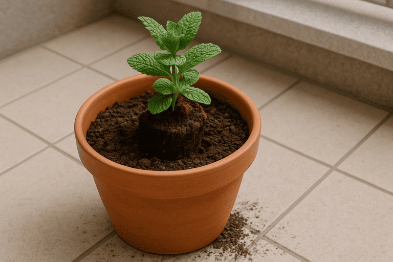 Minzpflanze wird mit leicht gelockertem Wurzelballen in den Topf gesetzt