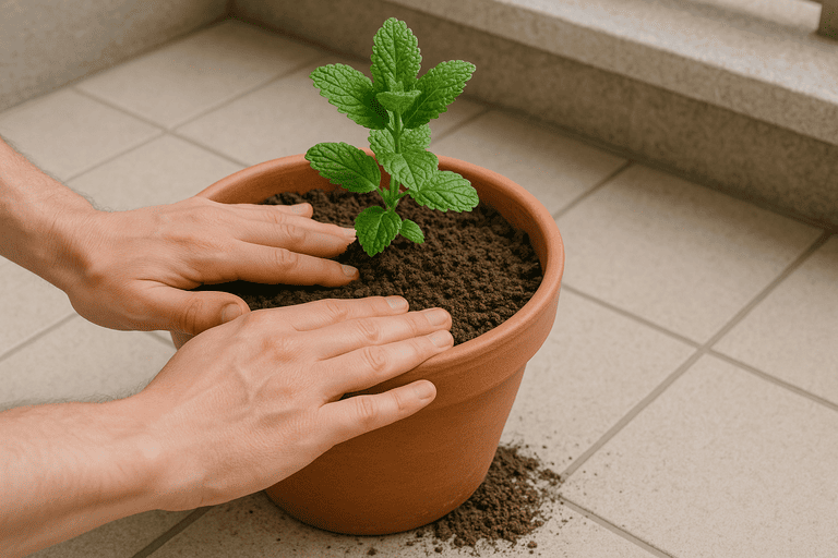 Erde wird aufgefüllt und leicht angedrückt; anschließend wird angegossen