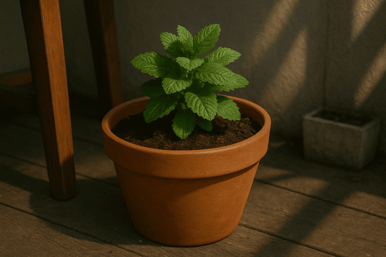 Frisch eingepflanzte Minze steht schattig auf dem Balkon