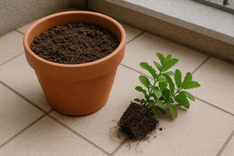 Vorbereitung: Topf mit lockerer Erde, daneben Minzpflänzchen mit Wurzelballen